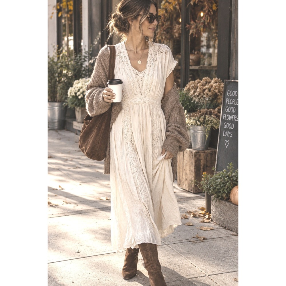 Free People dress open sides maxi cotton gauze fall transitional romantic LG euc